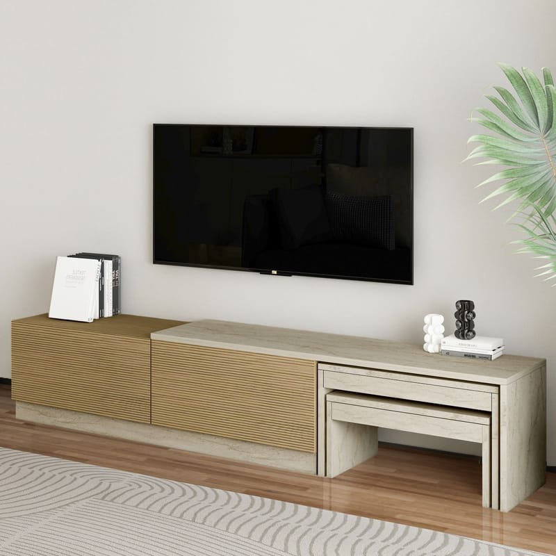 Zalven TV-bänk 180x36x30 cm - travertin och varm ek - Möbler - Vardagsrum - Tv-möbler & mediamöbler - Tv-bänkar
