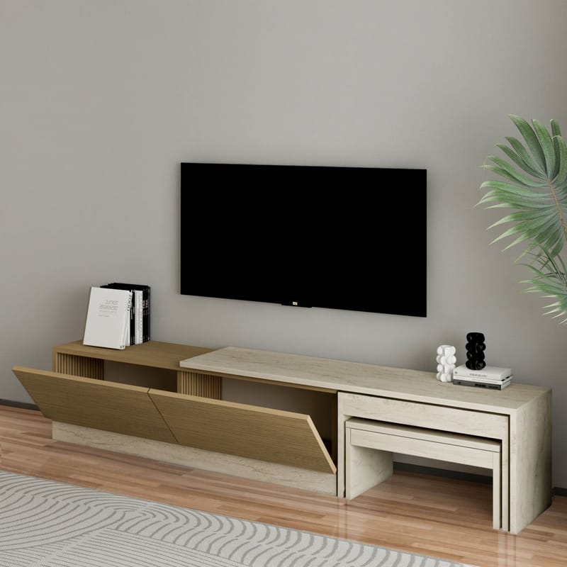 Zalven TV-bänk 180x36x30 cm - travertin och varm ek - Möbler - Vardagsrum - Tv-möbler & mediamöbler - Tv-bänkar