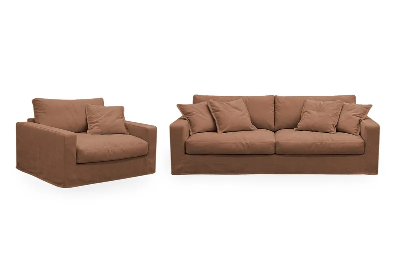Valencia Extra Djup 3-sits soffa + fåtölj med avtagbar och tvättbar klädsel, Rödbrun