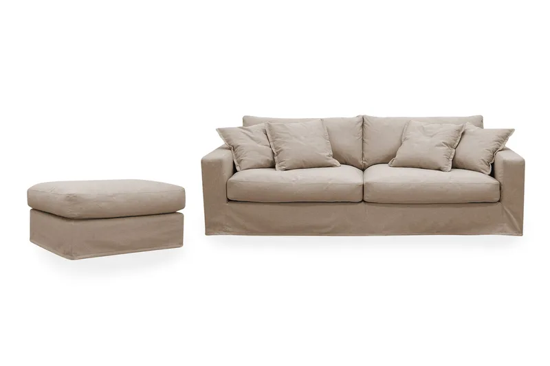 Valencia Extra Djup 3-sits soffa + fotpall med avtagbar och tvättbar klädsel, Ljusbrun
