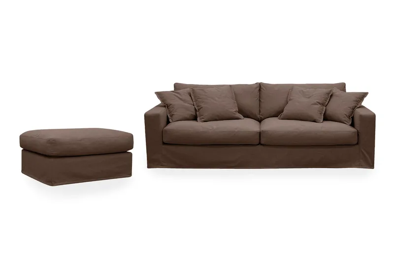 Valencia Extra Djup 3-sits soffa + fotpall med avtagbar och tvättbar klädsel, Mörkbrun