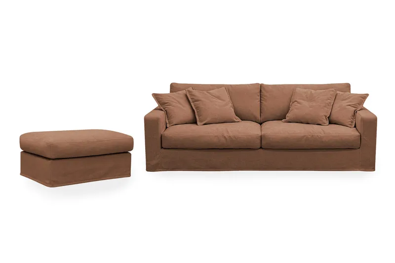 Valencia Extra Djup 3-sits soffa + fotpall med avtagbar och tvättbar klädsel, Rostbrun