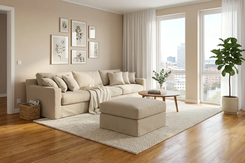 Valencia Extra Djup 5-sits soffa + fotpall med avtagbar och tvättbar klädsel - Beige - Möbler - Vardagsrum - Soffor