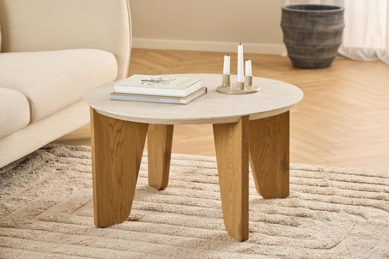 Alkha Runt Soffbord 80 cm i Sten med Träben - Beige - Möbler - Vardagsrum - Soffbord & vardagsrumsbord - Soffbord