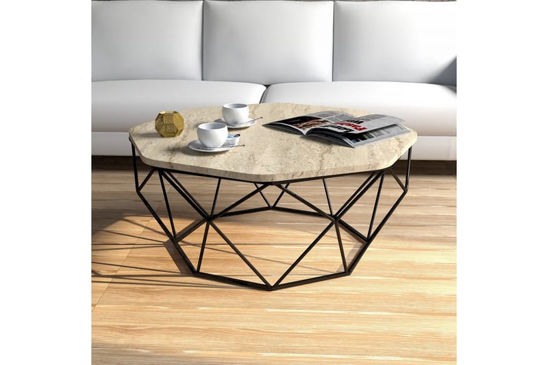 Almasi Ovalt Soffbord 90 cm i Sten med Metallunderrede - Beige - Möbler - Vardagsrum - Soffbord & vardagsrumsbord - Soffbord