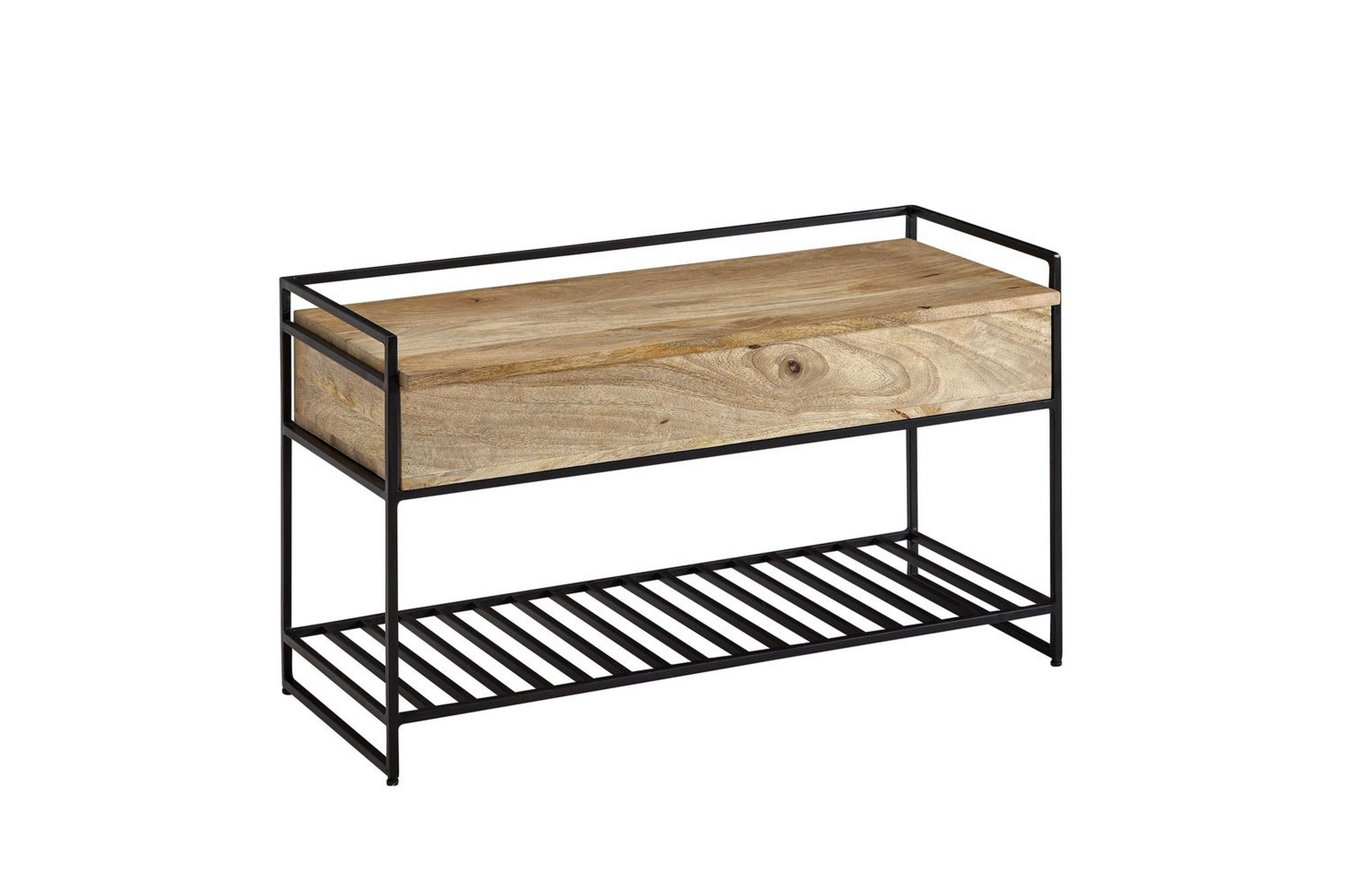 bänk wohnling industriell look med stort förvaringsutrymme i massivt trä och öppen skohylla beige - beige