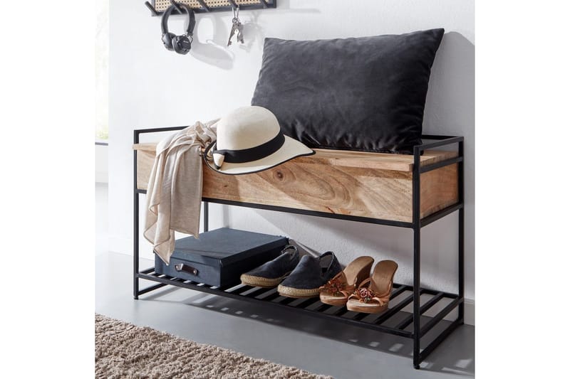 Bänk Wohnling industriell look med stort förvaringsutrymme i massivt trä och öppen skohylla Beige - Beige - Möbler - Vardagsrum - Soffbord & vardagsrumsbord - Brickbord