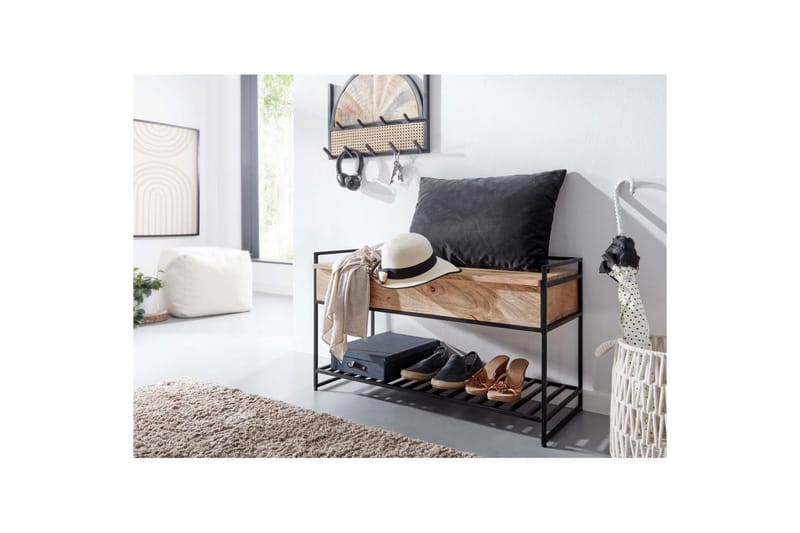 Bänk Wohnling industriell look med stort förvaringsutrymme i massivt trä och öppen skohylla Beige - Beige - Möbler - Vardagsrum - Soffbord & vardagsrumsbord - Brickbord