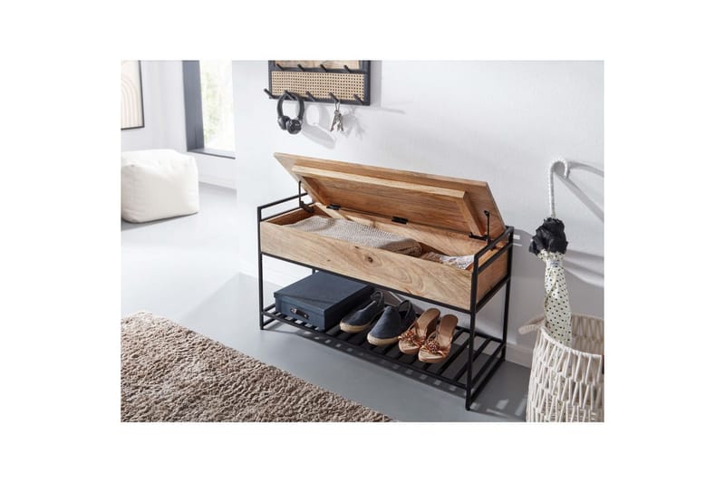 Bänk Wohnling industriell look med stort förvaringsutrymme i massivt trä och öppen skohylla Beige - Beige - Möbler - Vardagsrum - Soffbord & vardagsrumsbord - Brickbord