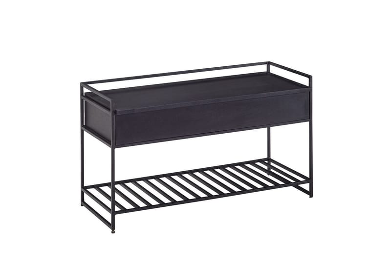 Bänk Wohnling industriell look med stort förvaringsutrymme i massivt trä och öppen skohylla Svart, Svart