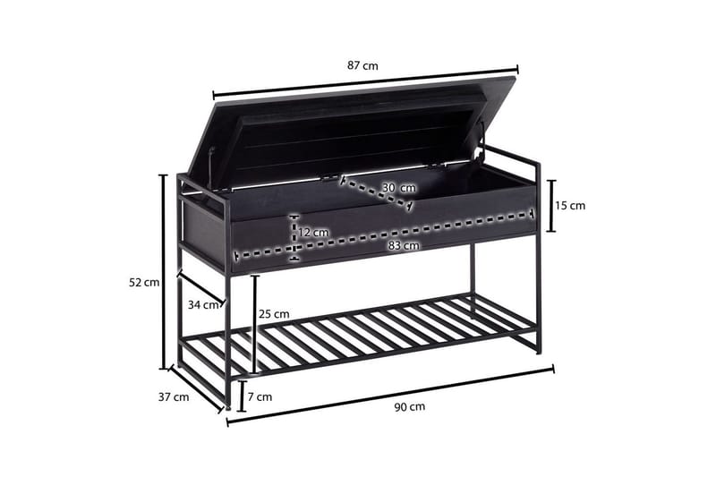 Bänk Wohnling industriell look med stort förvaringsutrymme i massivt trä och öppen skohylla Svart - Svart - Möbler - Vardagsrum - Soffbord & vardagsrumsbord - Brickbord