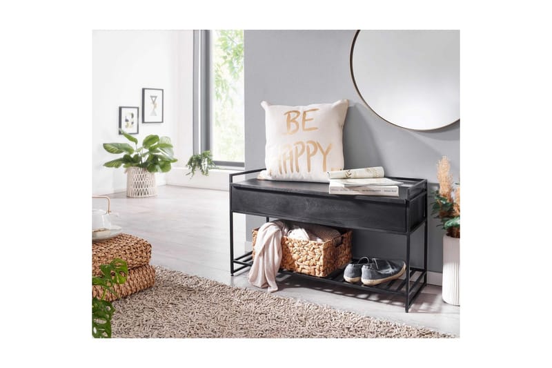 Bänk Wohnling industriell look med stort förvaringsutrymme i massivt trä och öppen skohylla Svart - Svart - Möbler - Vardagsrum - Soffbord & vardagsrumsbord - Brickbord
