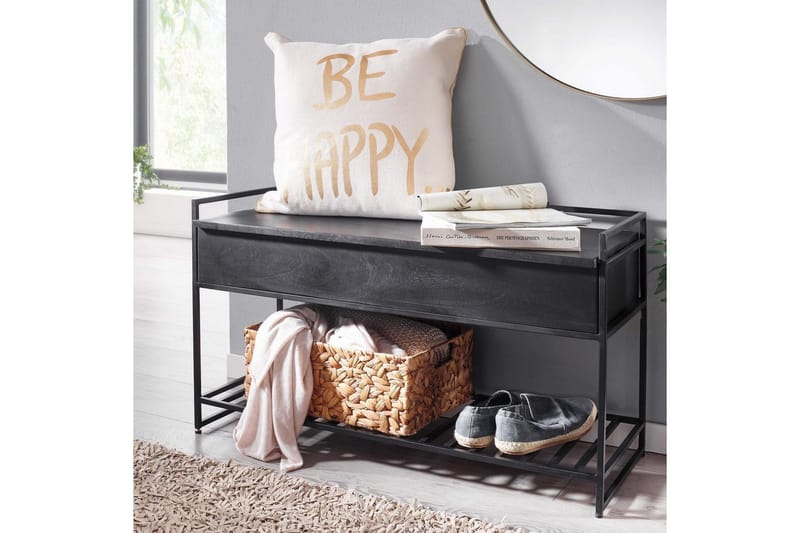 Bänk Wohnling industriell look med stort förvaringsutrymme i massivt trä och öppen skohylla Svart - Svart - Möbler - Vardagsrum - Soffbord & vardagsrumsbord - Brickbord