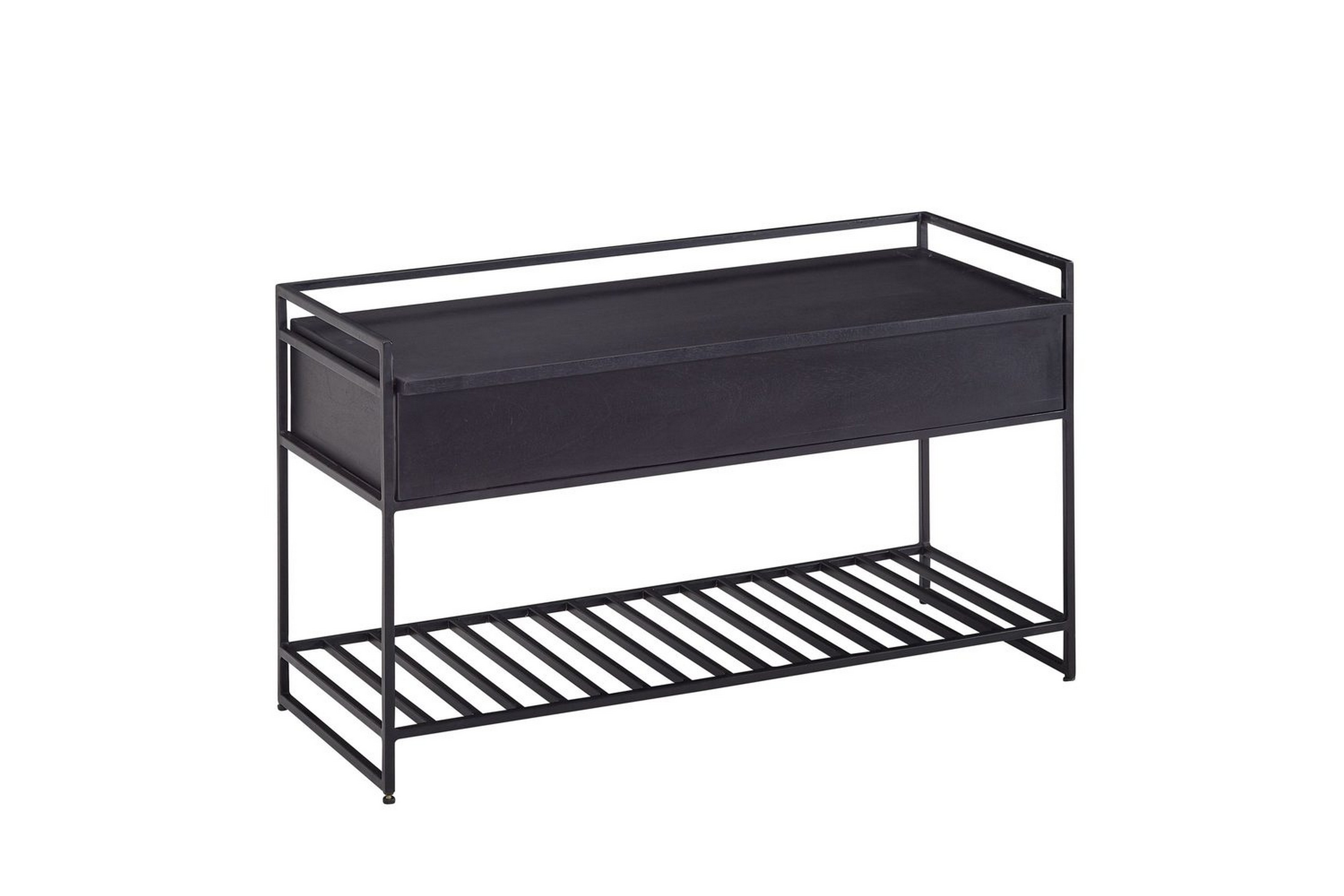 bänk wohnling industriell look med stort förvaringsutrymme i massivt trä och öppen skohylla svart - svart