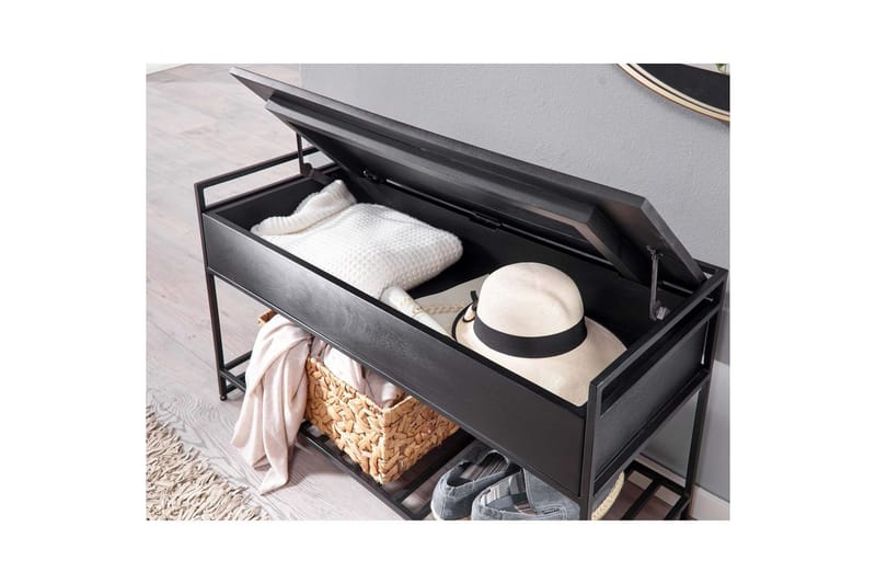 Bänk Wohnling industriell look med stort förvaringsutrymme i massivt trä och öppen skohylla Svart - Svart - Möbler - Vardagsrum - Soffbord & vardagsrumsbord - Brickbord