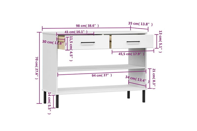beBasic Konsolbord med metallben OSLO vit massiv furu - Hallbord - Bord - Avlastningsbord & konsolbord