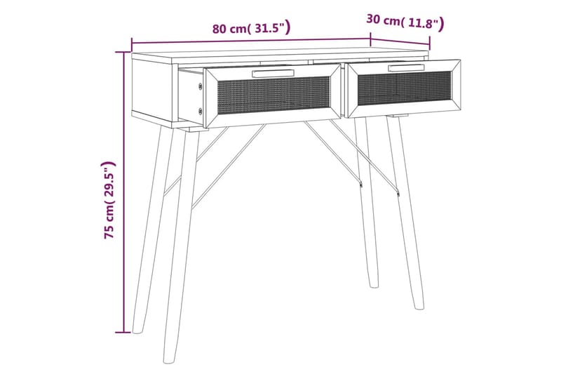 beBasic Konsolbord vit 80x30x75 cm massiv furu och naturlig rotting - Hallbord - Bord - Avlastningsbord & konsolbord