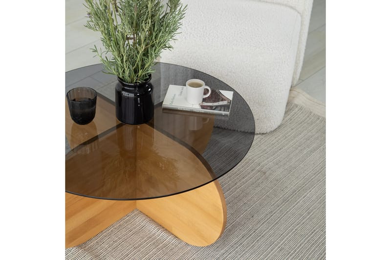Bengul 75 cm Runt Soffbord i Glas med Träunderrede - Rökgrå - Möbler - Vardagsrum - Soffbord & vardagsrumsbord - Soffbord