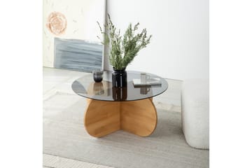 Bengul 75 cm Runt Soffbord i Glas med Träunderrede - Rökgrå - Möbler - Vardagsrum - Soffbord & vardagsrumsbord - Soffbord