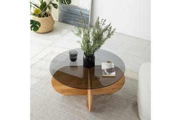 Bengul 75 cm Runt Soffbord i Glas med Träunderrede - Rökgrå - Möbler - Vardagsrum - Soffbord & vardagsrumsbord - Soffbord