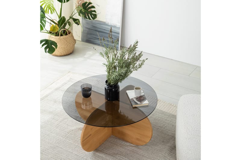 Bengul 75 cm Runt Soffbord i Glas med Träunderrede - Rökgrå - Möbler - Vardagsrum - Soffbord & vardagsrumsbord - Soffbord