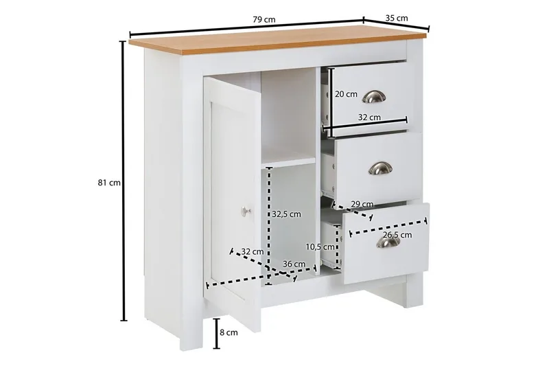 Byrå Wohnling med 3 lådor 2 dörrar tvåfärgad vit ek lantlig stil - Förvaring - Förvaringsmöbler - Byrå