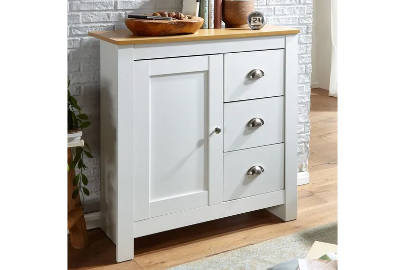 Byrå Wohnling med 3 lådor 2 dörrar tvåfärgad vit ek lantlig stil - Förvaring - Förvaringsmöbler - Byrå