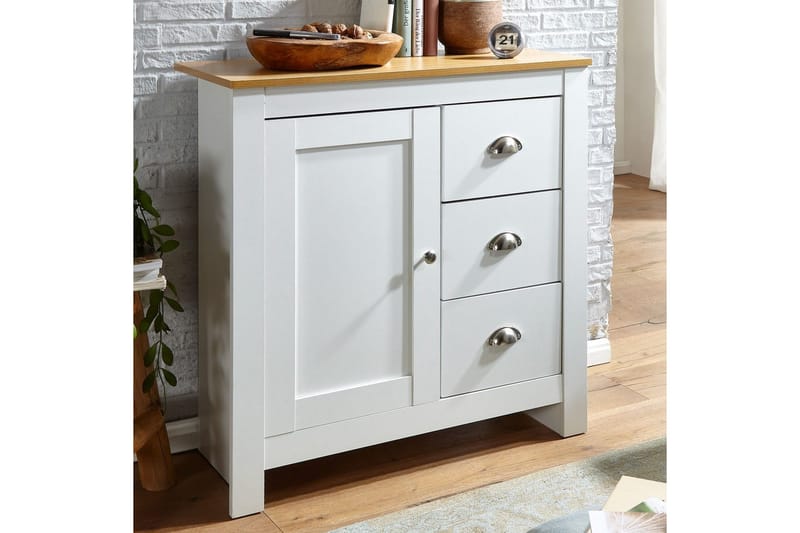 Byrå Wohnling med 3 lådor 2 dörrar tvåfärgad vit ek lantlig stil - Möbler - Vardagsrum - Soffbord & vardagsrumsbord - Avlastningsbord & konsolbord