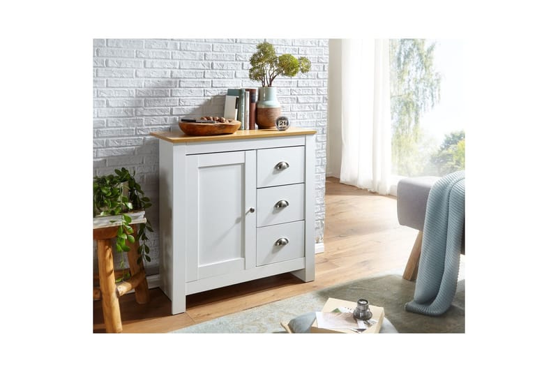 Byrå Wohnling med 3 lådor 2 dörrar tvåfärgad vit ek lantlig stil - Möbler - Vardagsrum - Soffbord & vardagsrumsbord - Avlastningsbord & konsolbord