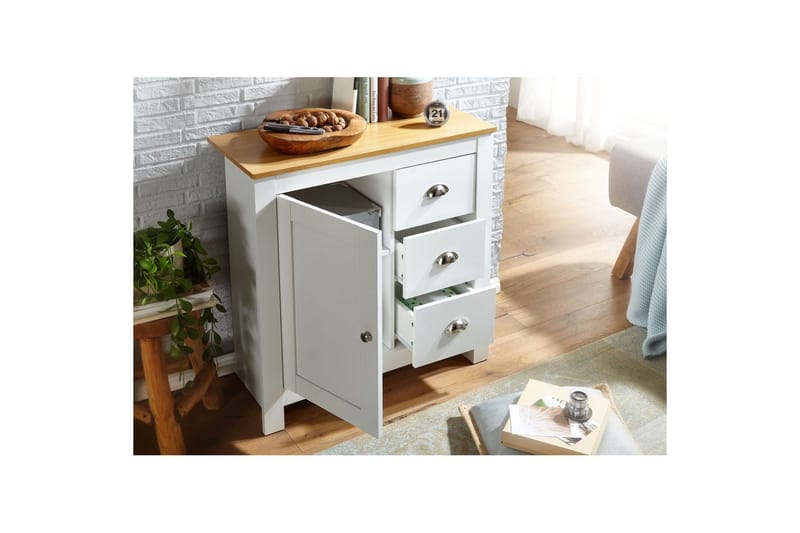 Byrå Wohnling med 3 lådor 2 dörrar tvåfärgad vit ek lantlig stil - Möbler - Vardagsrum - Soffbord & vardagsrumsbord - Avlastningsbord & konsolbord