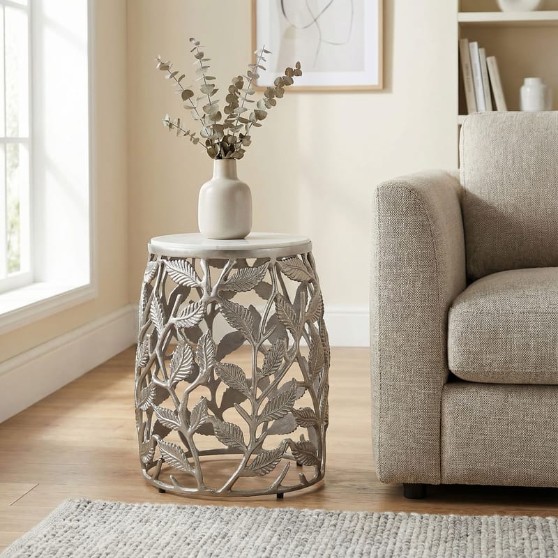 Ceron Runt sidobord 40 cm med marmorskiva - vit silver - Möbler - Vardagsrum - Soffbord & vardagsrumsbord - Brickbord