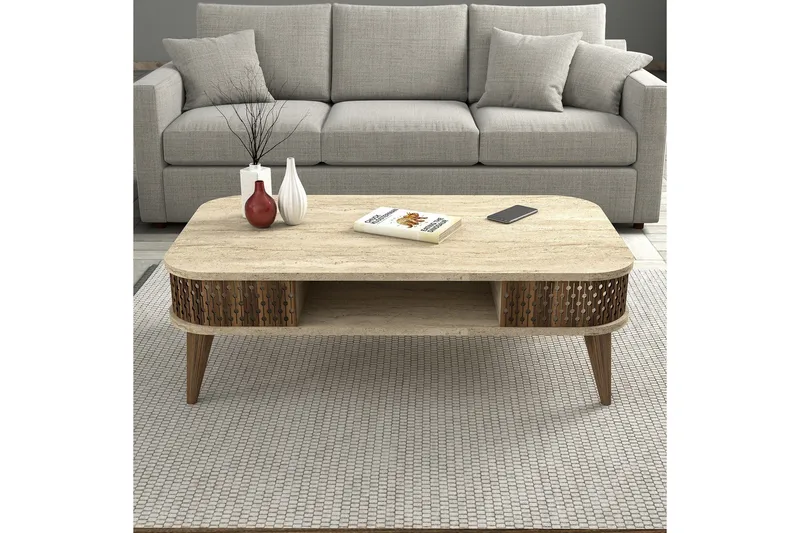 Eylul Rektangulärt Soffbord 105 cm med Hyllor i Trä - Beige - Möbler - Vardagsrum - Soffbord & vardagsrumsbord - Soffbord