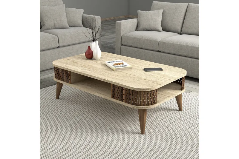 Eylul Rektangulärt Soffbord 105 cm med Hyllor i Trä - Beige - Möbler - Vardagsrum - Soffbord & vardagsrumsbord - Soffbord
