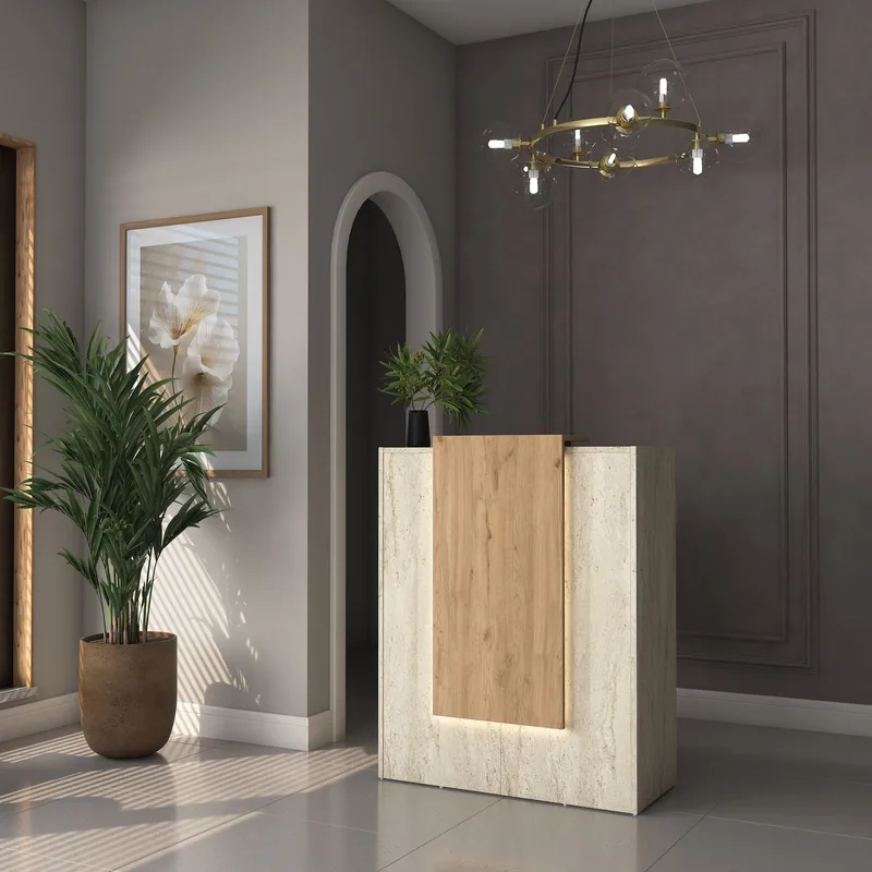 Fenvik Receptionbord 90x110x40 cm - Travertin och valnöt - Möbler - Vardagsrum - Soffbord & vardagsrumsbord - Avlastningsbord & konsolbord