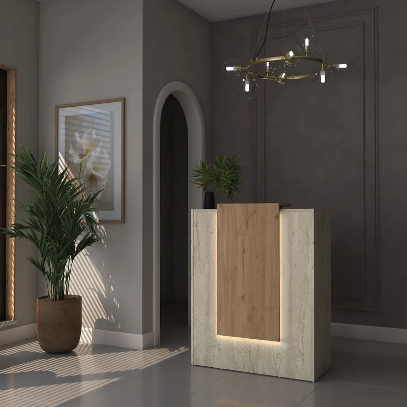 Fenvik Receptionbord 90x110x40 cm - Travertin och valnöt - Möbler - Vardagsrum - Soffbord & vardagsrumsbord - Avlastningsbord & konsolbord