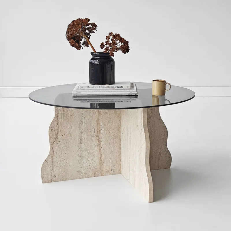 Fikret Soffbord 75 cm Rund Glas - Travertin Och Rökt - Möbler - Vardagsrum - Soffbord & vardagsrumsbord - Soffbord