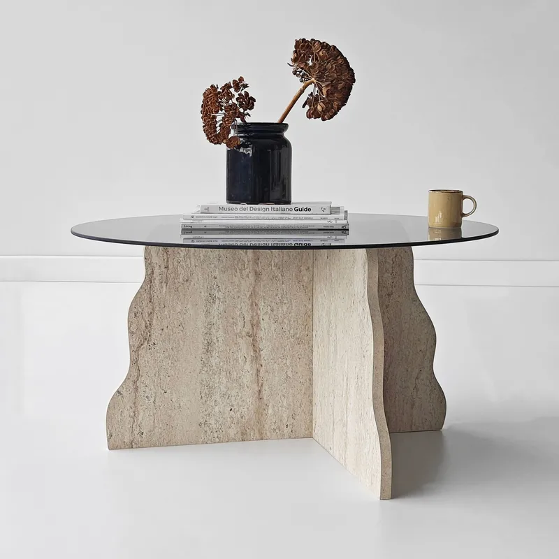 Fikret Soffbord 75 cm Rund Glas - Travertin Och Rökt - Möbler - Vardagsrum - Soffbord & vardagsrumsbord - Soffbord