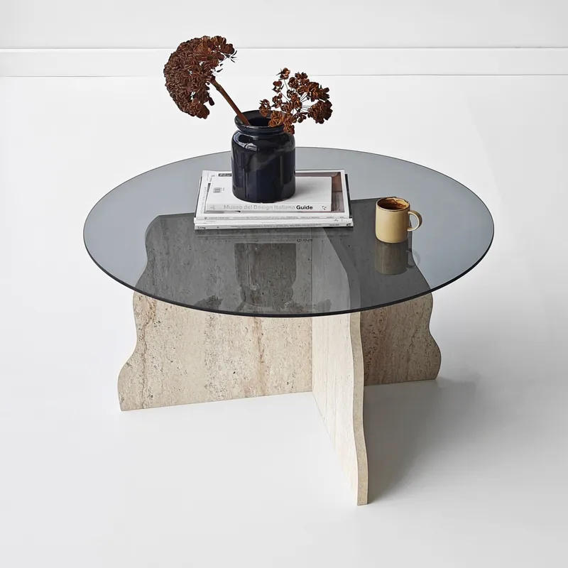 Fikret Soffbord 75 cm Rund Glas - Travertin Och Rökt - Möbler - Vardagsrum - Soffbord & vardagsrumsbord - Soffbord