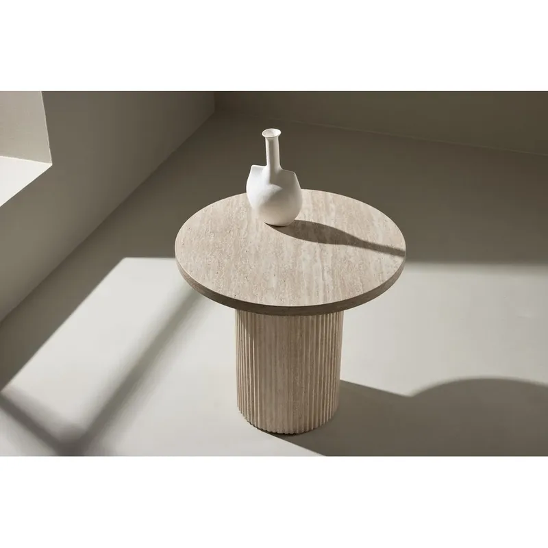 Härön Runt Soffbord 50 cm i Sten med Räfflad Pelarfot - Beige - Möbler - Vardagsrum - Soffbord & vardagsrumsbord - Soffbord