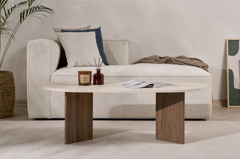 Hasina Ovalt Soffbord 119x60 cm med Travertin- och Valnötsutseende - Beige - Möbler - Vardagsrum - Soffbord & vardagsrumsbord - Soffbord