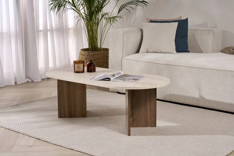 Hasina Ovalt Soffbord 119x60 cm med Travertin- och Valnötsutseende - Beige - Möbler - Vardagsrum - Soffbord & vardagsrumsbord - Soffbord