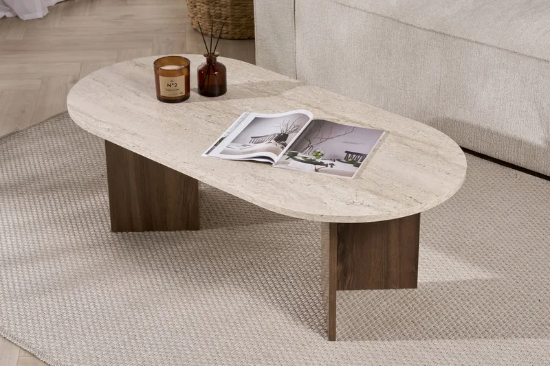Hasina Ovalt Soffbord 119x60 cm med Travertin- och Valnötsutseende - Beige - Möbler - Vardagsrum - Soffbord & vardagsrumsbord - Soffbord