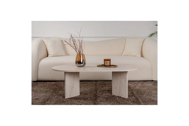 Hasina Ovalt Soffbord 119x60 cm med Travertinutseende - Vit - Möbler - Vardagsrum - Soffbord & vardagsrumsbord - Soffbord
