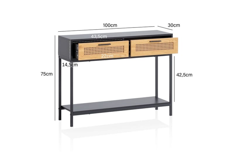 Konsolbord Wohnling Massivt trä 100 cm 2 lådor industrihus stil med Wienerkorg - Möbler - Vardagsrum - Soffbord & vardagsrumsbord - Avlastningsbord & konsolbord
