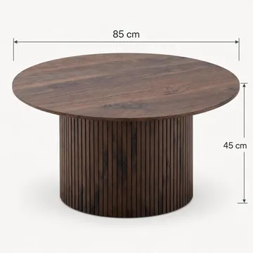 Kopparbo Runt Soffbord 85 cm med Trä- och Valnötsutseende, Ribbad Pelarfot och Tunn Bordsskiva - Brun - Möbler - Vardagsrum - Soffbord & vardagsrumsbord - Soffbord