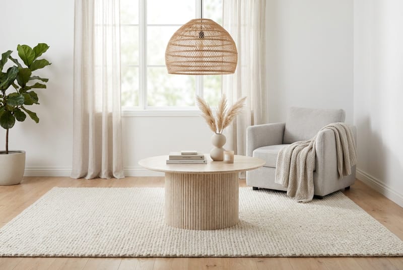 Kopparbo Runt Soffbord 85 cm med Travertinutseende, Ribbad Pelarfot och Tunn Bordsskiva - Beige - Möbler - Vardagsrum - Soffbord & vardagsrumsbord - Soffbord