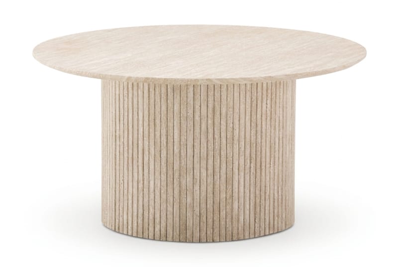 Kopparbo Runt Soffbord 85 cm med Travertinutseende, Ribbad Pelarfot och Tunn Bordsskiva - Beige - Möbler - Vardagsrum - Soffbord & vardagsrumsbord - Soffbord