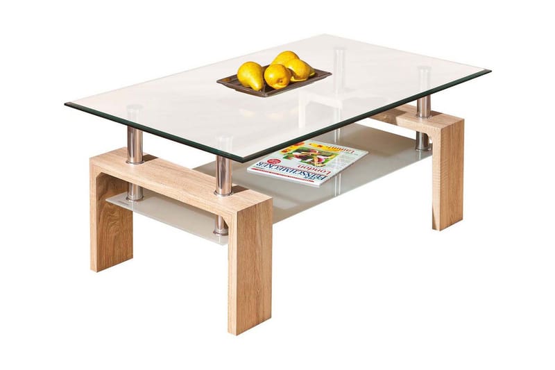 LOANA Soffbord 100 cm med Förvaring Hylla Glas/Vit/Natur - Bord - Soffbord