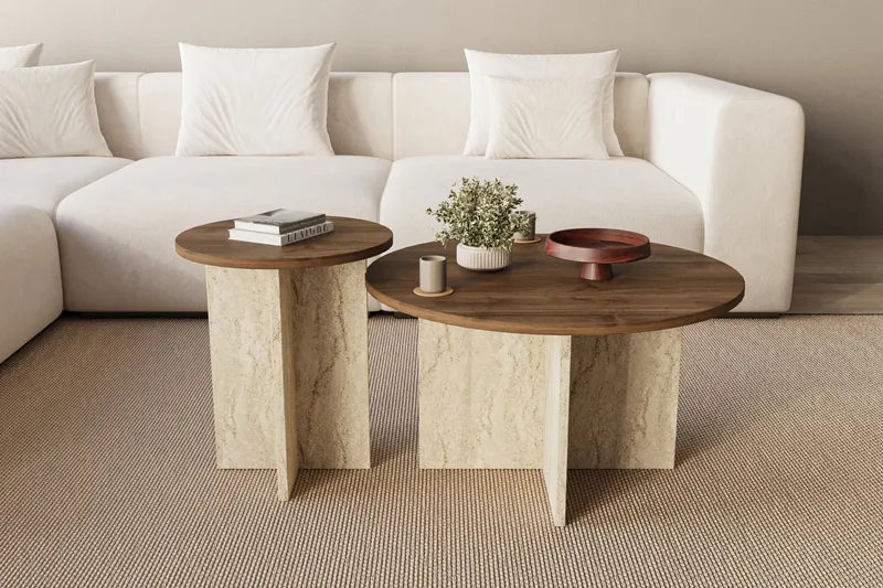 Lorricus Soffbord 70 cm Rund - Valnöt Och Travertin - Möbler - Vardagsrum - Soffbord & vardagsrumsbord - Soffbord