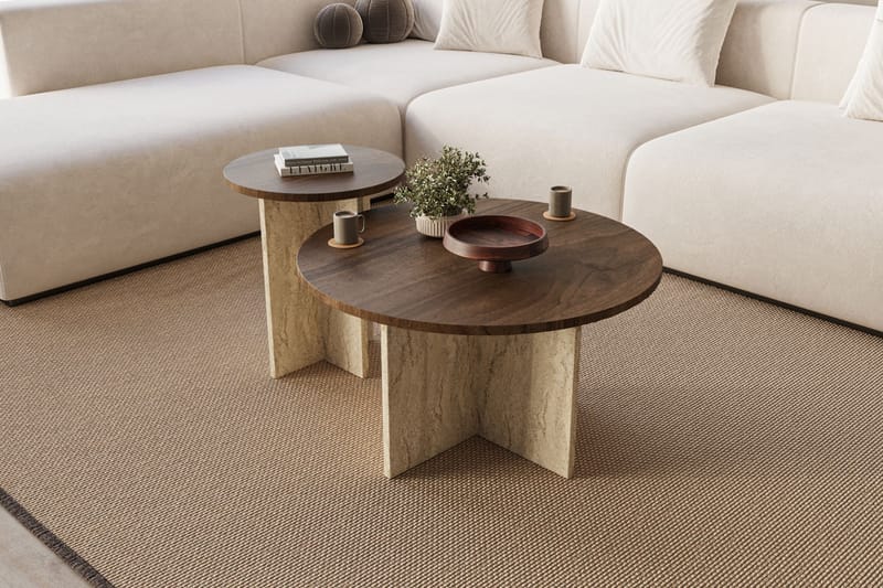 Lorricus Soffbord 70 cm Rund, Valnöt Och Travertin